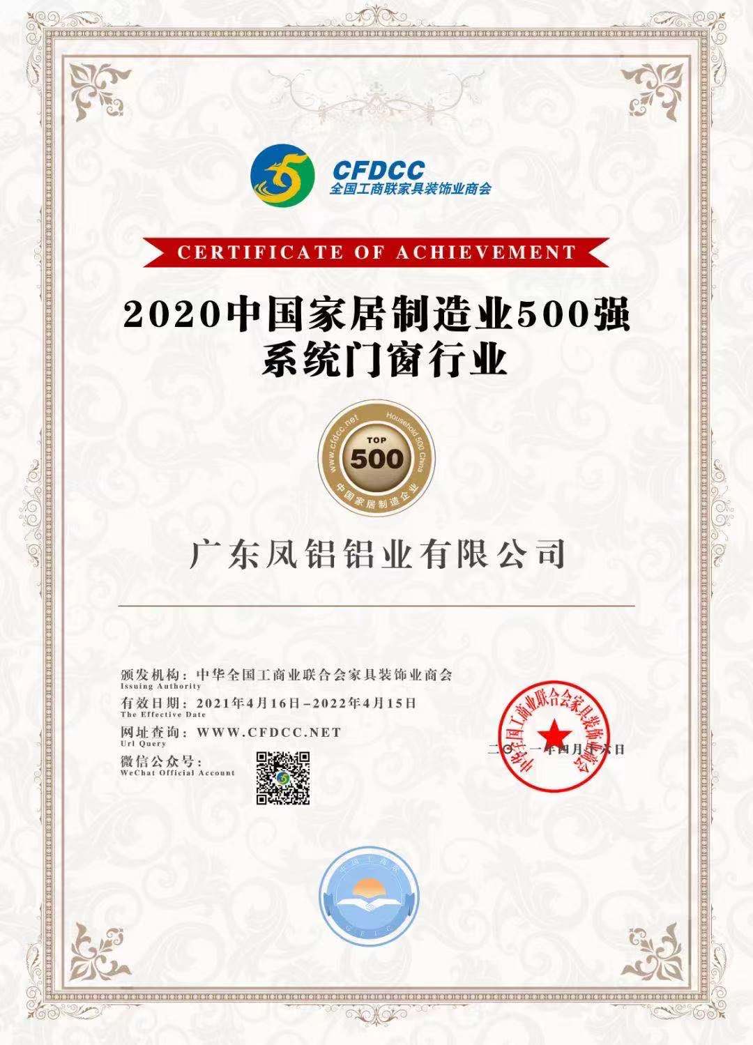 2020年中國家居制造業(yè)500強(qiáng)系統(tǒng)門窗行業(yè)前列